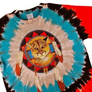 VTG Loco Jack Mountain Lion/ Native American All-Over Tie-Dye T-Shirt Mens L
